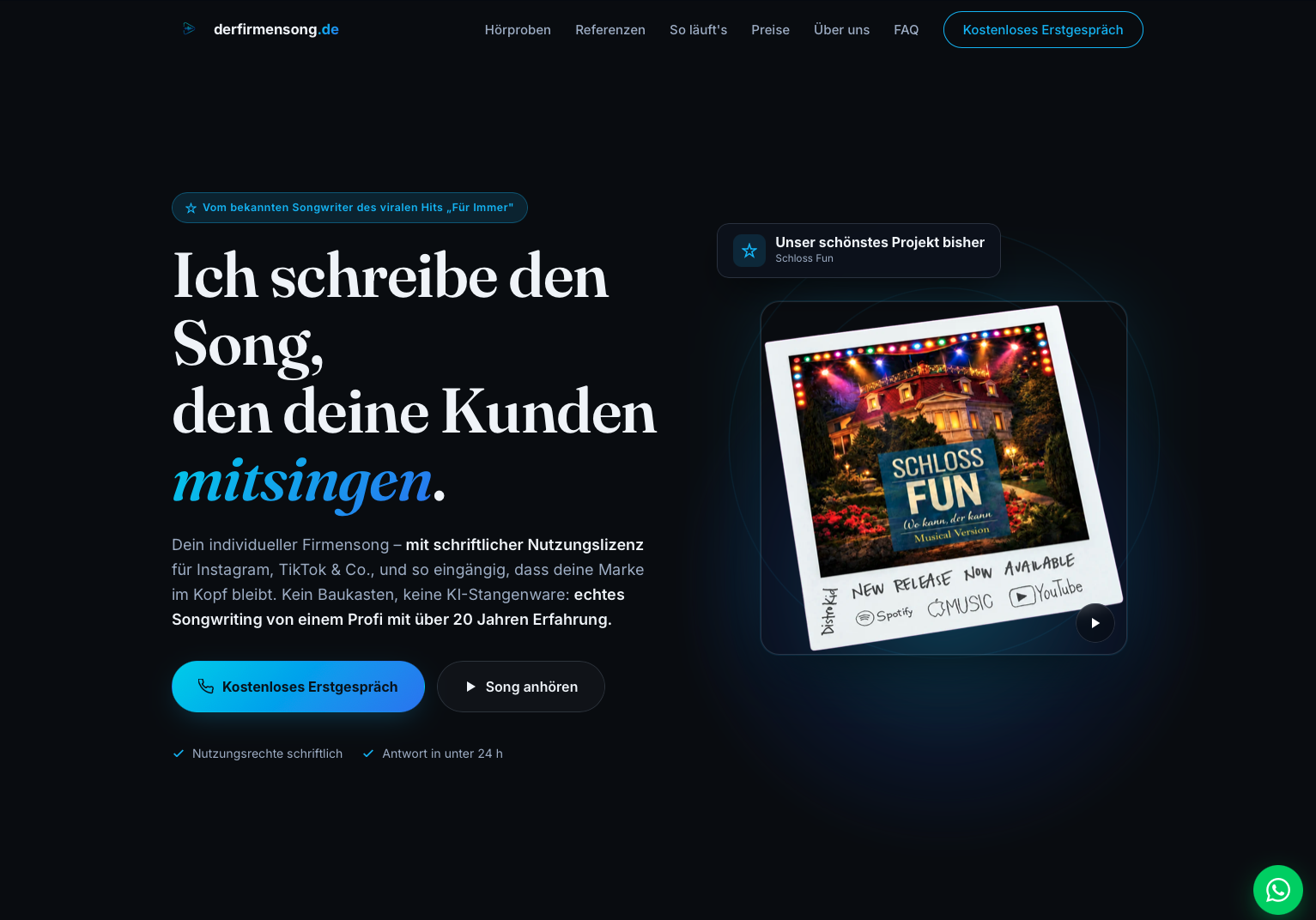 Der Firmensong: dunkelblaue Startseite mit Schloss-Fun-Cover