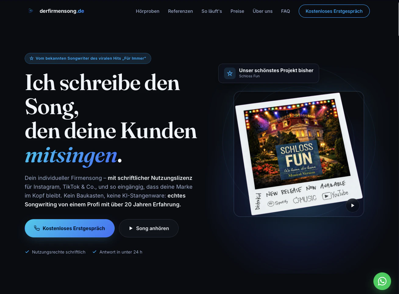 Der Firmensong: dunkelblaue Startseite mit Schloss-Fun-Cover