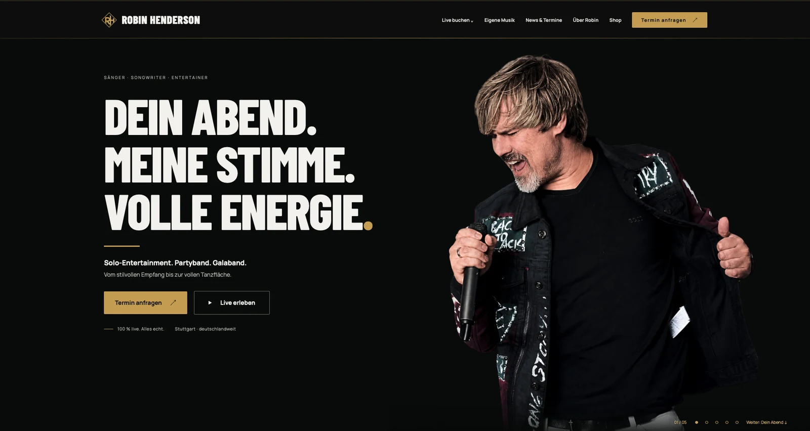 Robin Henderson: dunkle Künstler-Website mit Bühnenportrait